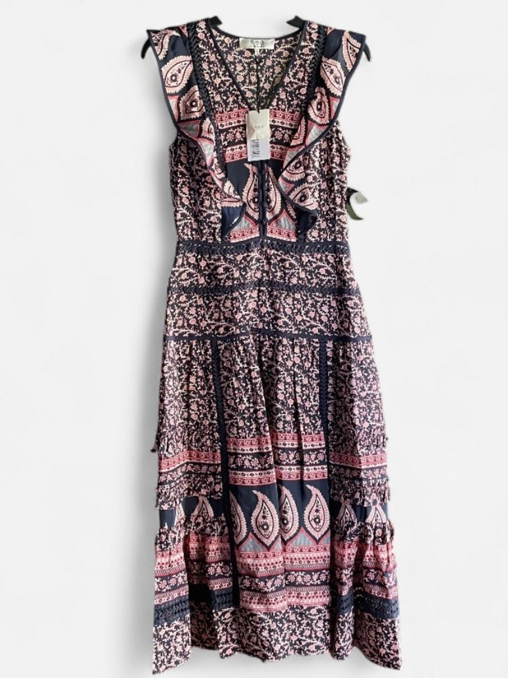 Sea Navy and Pink Paisley Midi Dress 100% silk Net-a-Porter Sz 2
